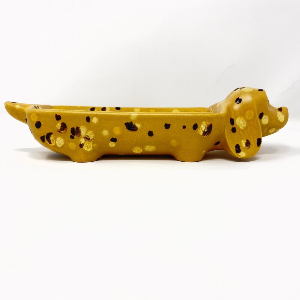 Vtg Dachshund Wiener Dog Serving Cracker Candy Dish Ceramic Bar Sponge Speckled - Picture 4 of 10